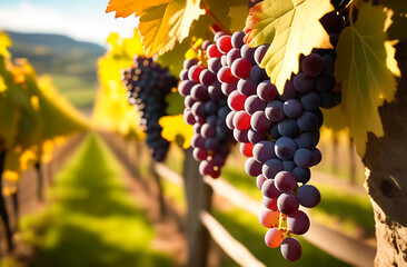 Naklejka premium Vibrant purple grapes and golden leaves create a stunning autumn vineyard display