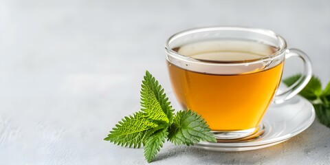 Closeup of glass cup with nettle tea leaves on light grey table. Concept Product Photography, Close-up Shots, Glass Cup, Nettle Tea Leaves, Light Grey Table