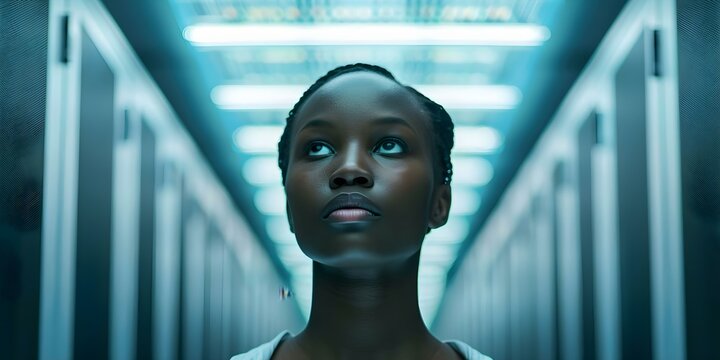 A black woman monitoring cybersecurity in a data center server room. Concept Cybersecurity, Data Center, Black Woman, Monitoring, Server Room
