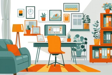 Flat design illustration of an online learning session with a teacher conducting a virtual class from a home office. Students are visible on the screen in a video call, each in their unique home