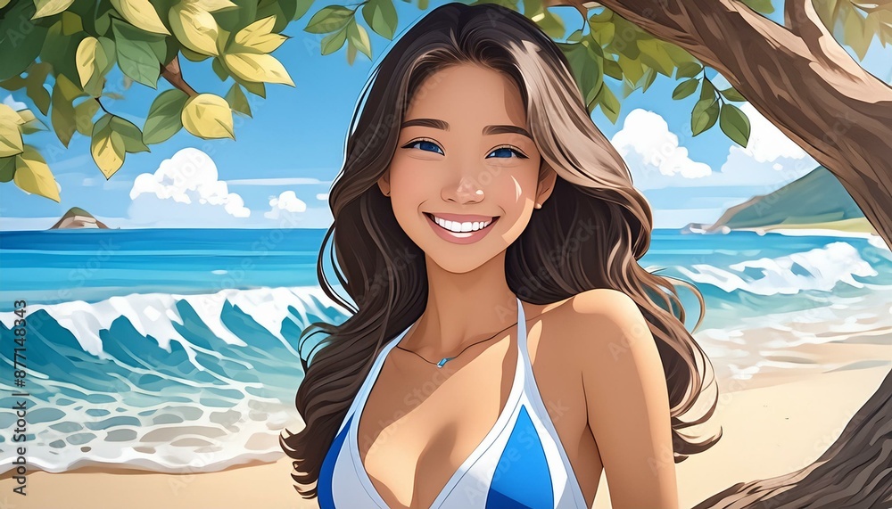 Poster brunette girl wearing blue and white bikini on the beach, cartoon style