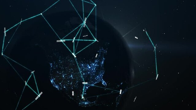 Satellite communication concept. Artificial satellites in Earth orbit broadcast a signal. Global transmission and reception of digital information. World Wide Web. Free satcom internet. 4k footage