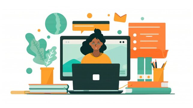 A flat design illustration depicting a student participating in an online language learning session using a laptop. The screen shows a video call with a tutor, and the student is practicing speaking
