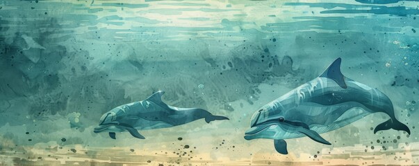 Digital painting of two dolphins swimming underwater, capturing the beauty and serenity of marine life in a vibrant watercolor style.