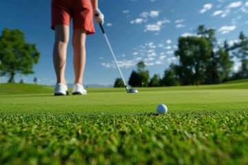 Obraz premium Precision in Putting: Golfer Concentrating on Perfect Stroke on Green Grass