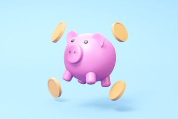 A charming 3D render featuring a floating piggy bank and coins, symbolizing the importance and joy of saving money and financial security.