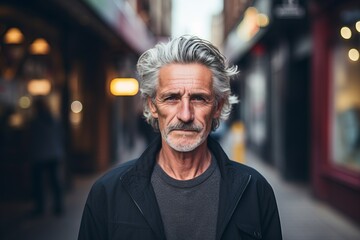 Fototapeta premium Portrait of a senior man with grey hair in the city.