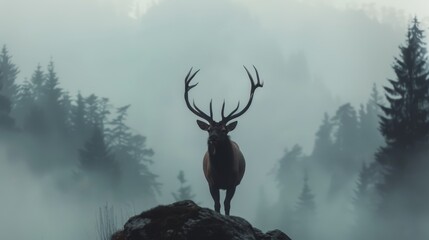  Deer atop rock in forest, foggy trees behind