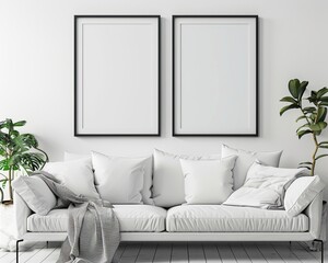 2 simple modern picture frames side by side in the same size on a white wall, hyper realistic, over a white couch, stylish living room