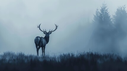 Obraz premium Deer in field, amidst tall grass and trees, foggy backdrop