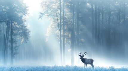 Obraz premium A deer stands in a forest, fog swirling around it, sun rays piercing through tree limbs