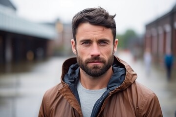 Portrait of a handsome young man with a beard in a brown jacket in the city