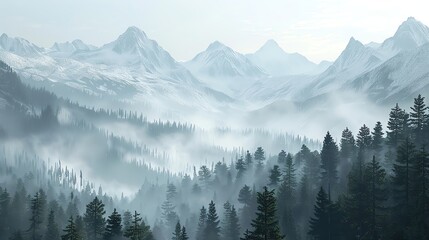 Obraz premium Breathtaking view of a misty mountain range covered in dense evergreen forests on a foggy morning, blending serenity and wilderness.