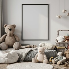 A black frame poster mockup in A4 format for a child's room