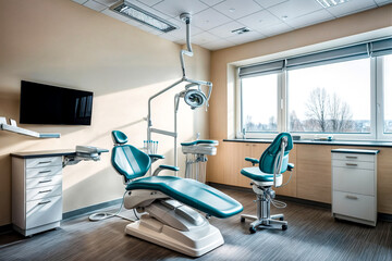 Interior of new modern stomatological clinic office, dental equipment in dentistry room. Background of dental chair and medical accessories used by dentists in dental center. Copy ad text space