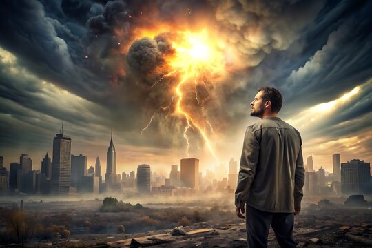 Man Looking at Cityscape with Lightning Storm