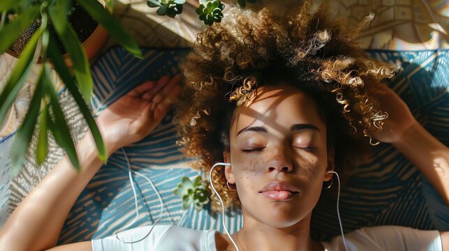 Woman relaxing on a mat, listening to music with earphones, surrounded by plants, embracing self-care and tranquility.