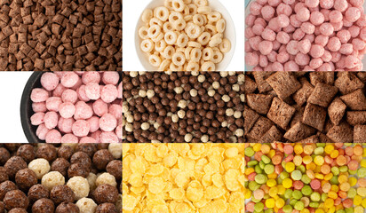 Breakfast cereal balls mix texture background, crunchy corn cereals collage, color crispy corn balls pattern