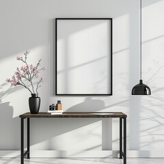 a mockup of a black poster frame with A3 size on a white wall