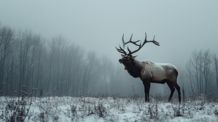 Naklejka premium A large elk stands in the midst of a snow-covered field, flanked by a forest teeming with tall trees