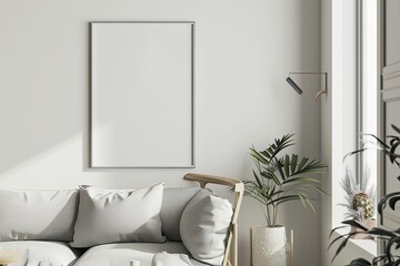 a simple mockup of a blank poster in a minimalist living room