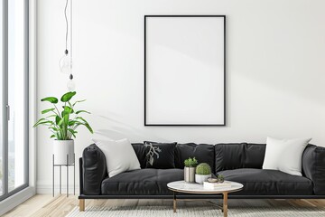 a simple mockup of a blank poster in a minimalist living room