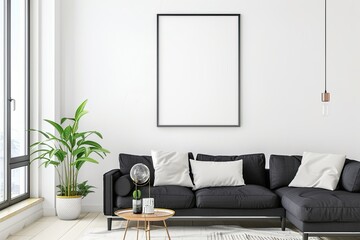 a simple mockup of a blank poster in a minimalist living room
