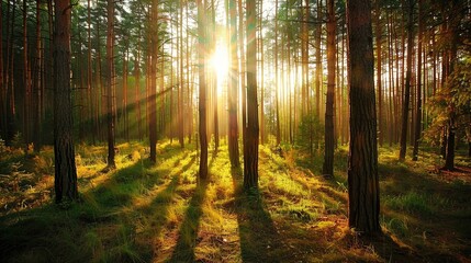 Naklejka premium Sunlight streaming through the trees in a lush forest, casting long shadows on the forest floor. Peaceful and serene natural scenery.