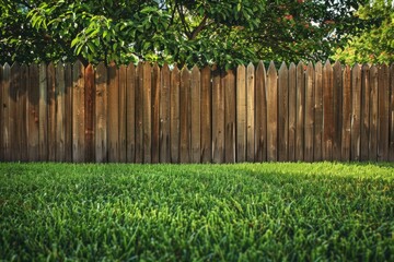 Fototapeta premium Backyard Fence. Wooden Fence in Green Grass Yard on Sunny Summer Day