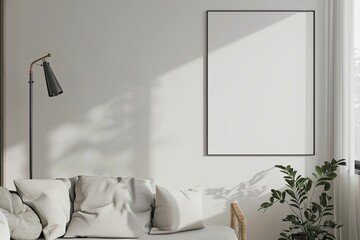 a simple mockup of a blank poster in a minimalist living room