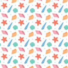 A cute hand-drawn summer sea concept patterned background illustration. Illustration of starfish, clams, coral, conch, horned conch, and conch.