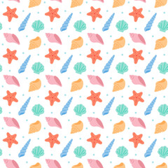 A cute hand-drawn summer sea concept patterned background illustration. Illustration of starfish, clams, coral, conch, horned conch, and conch.