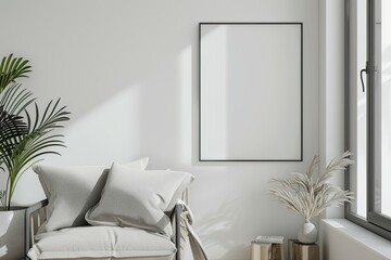 a simple mockup of a blank poster in a minimalist living room