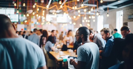Young entrepreneurs networking at a vibrant startup event in an urban co-working space with strobe lighting.