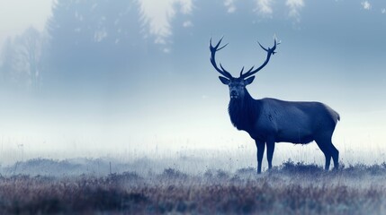 Obraz premium A large elk stands in a foggy field with trees in the background The ground is shrouded in fog