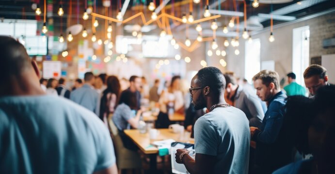Young entrepreneurs networking at a vibrant startup event in an urban co-working space with strobe lighting.