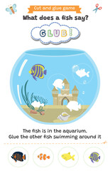 Fototapeta premium Learning animal sounds. Cut and glue educational children game. What does a fish say? glub glub. Matching shadow game worksheet for kids. 