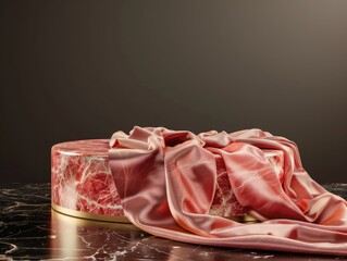 A piece of meat wrapped in a pink cloth, suitable for food or decorative purposes