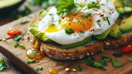 A simple wooden cutting board with a fried egg and sliced avocado on top, great for breakfast or brunch