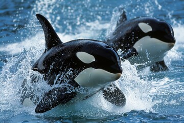 Obraz premium Close up of Killer or Orca Whales breaching the water