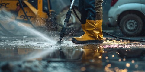 A person wearing yellow rain boots is seen using a hose for cleaning or maintenance purposes
