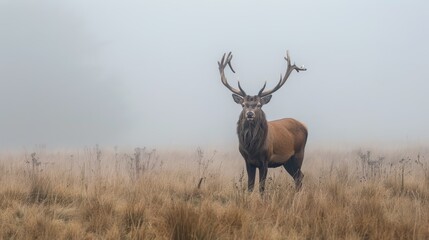  A large red deer atop a dry grass field gazes into a foggy sky, its antlers silhouetted against the misty backdrop