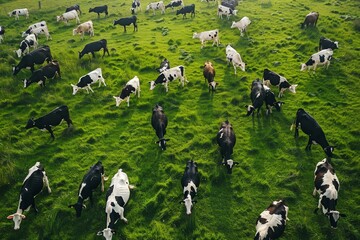 Close-up aerial view of a large herd of Ayrshire dairy cows grazing in beautiful green pasture.