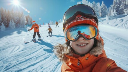 Young skier taking a selfie during a sunny day on snowy slopes, with other skiers in the background.