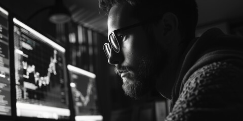 Obraz premium A person with glasses sitting in front of a computer screen, focused on the task