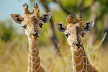 Obraz premium close-up front portrait view of two young Southern Giraffe (Giraffa giraffa) standing in the African bush veld