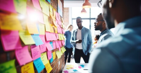 Creative team in a dynamic brainstorming session using a whiteboard and sticky notes in a trendy office loft with natural light.