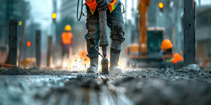 a construction worker operating a hydraulic hammer on a city street. The scene captures the intensity of the work with visible flying debris, other workers in the background, and machinery around.