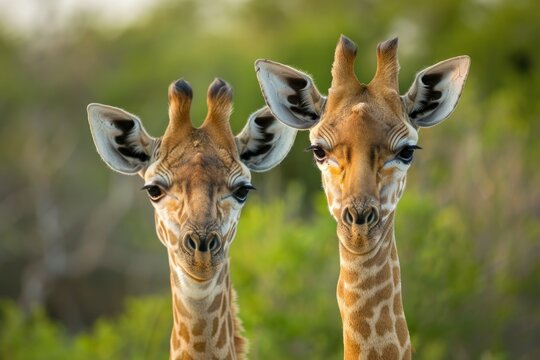 close-up front portrait view of two young Southern Giraffe (Giraffa giraffa) standing in the African bush veld