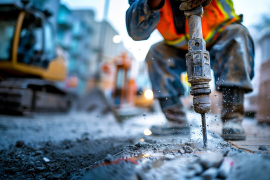 A construction worker in a high-visibility vest operating a hydraulic hammer on a city street with blurred background. Safety and prevention measures in the work environment. Roadwork.